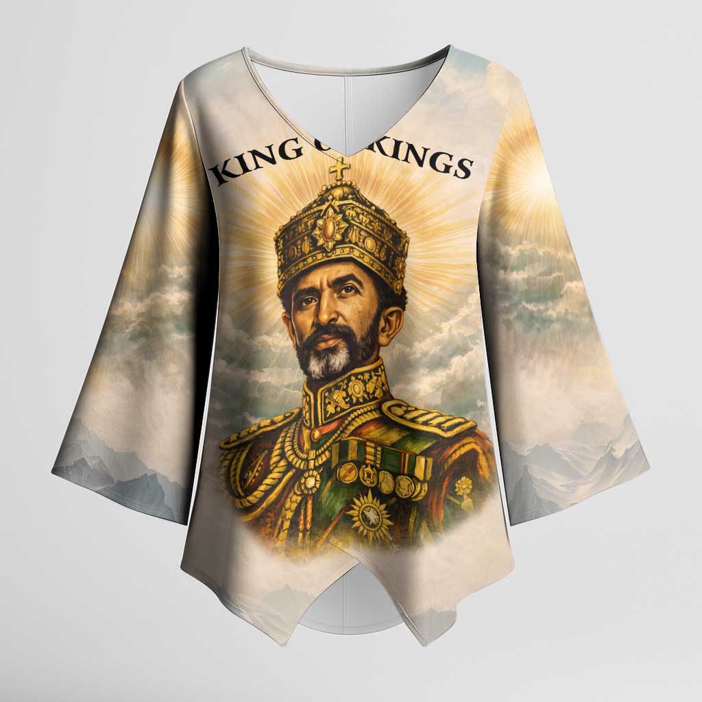 Haile Selassie I Ethiopia Kimono Sleeve Blouse with King of Kings and Conquering Lion Cloud Rays and Regal Portrait