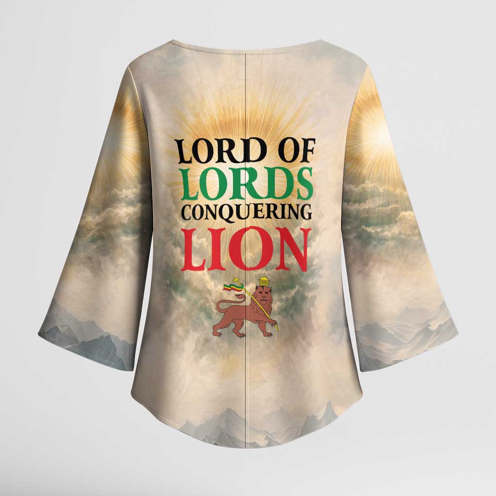 Haile Selassie I Ethiopia Kimono Sleeve Blouse with King of Kings and Conquering Lion Cloud Rays and Regal Portrait