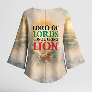 Haile Selassie I Ethiopia Kimono Sleeve Blouse with King of Kings and Conquering Lion Cloud Rays and Regal Portrait