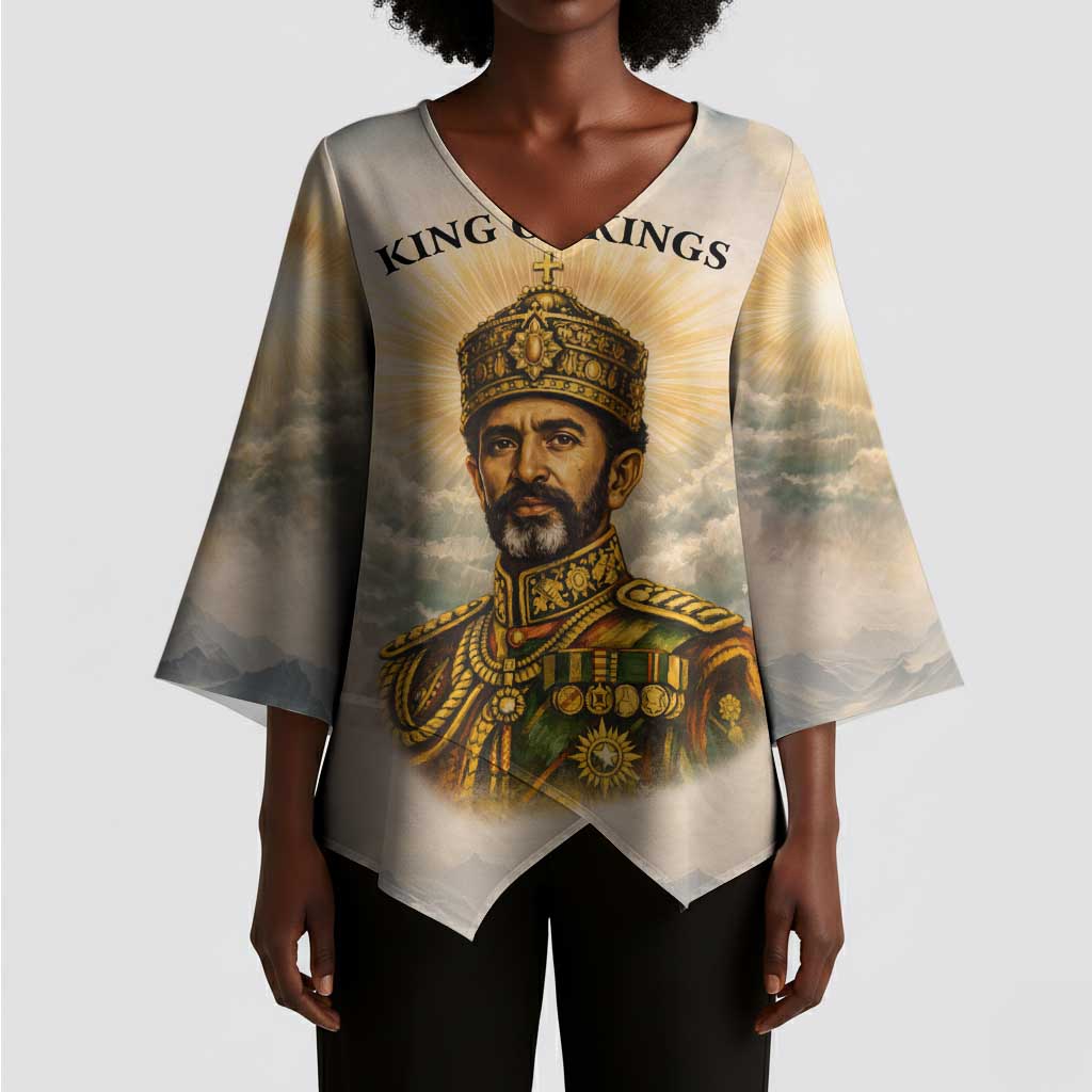Haile Selassie I Ethiopia Kimono Sleeve Blouse with King of Kings and Conquering Lion Cloud Rays and Regal Portrait