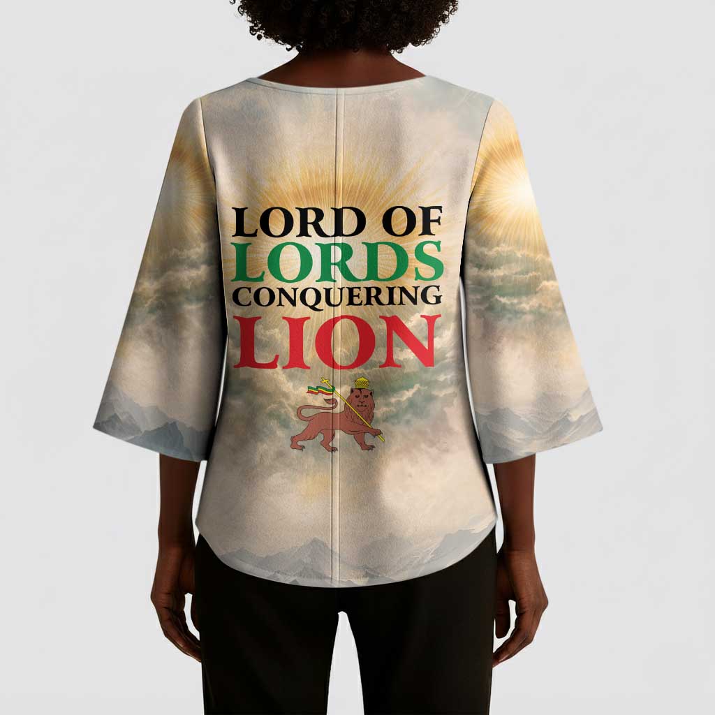 Haile Selassie I Ethiopia Kimono Sleeve Blouse with King of Kings and Conquering Lion Cloud Rays and Regal Portrait