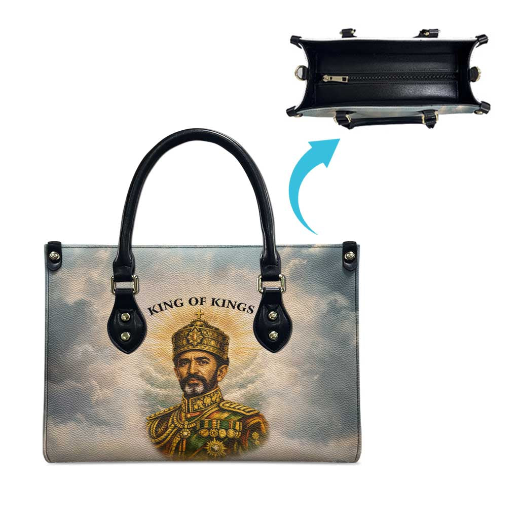 Haile Selassie I Ethiopia Leather Bag with King of Kings and Conquering Lion Cloud Rays and Regal Portrait - African Pride