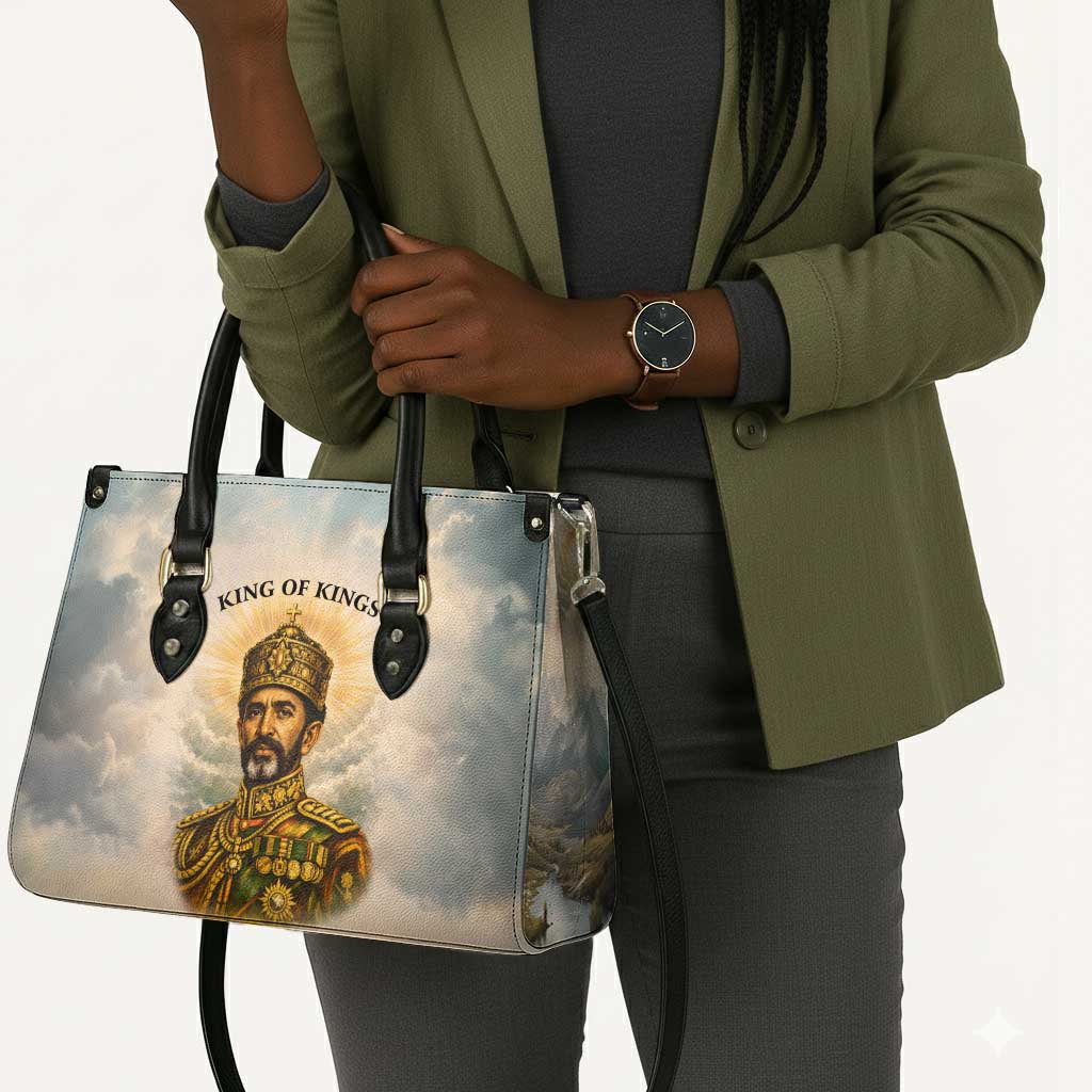 Haile Selassie I Ethiopia Leather Bag with King of Kings and Conquering Lion Cloud Rays and Regal Portrait - African Pride
