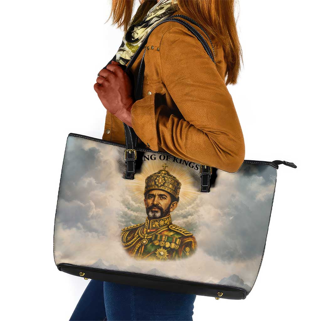 Haile Selassie I Ethiopia Leather Tote Bag with King of Kings and Conquering Lion Cloud Rays and Regal Portrait - African Pride