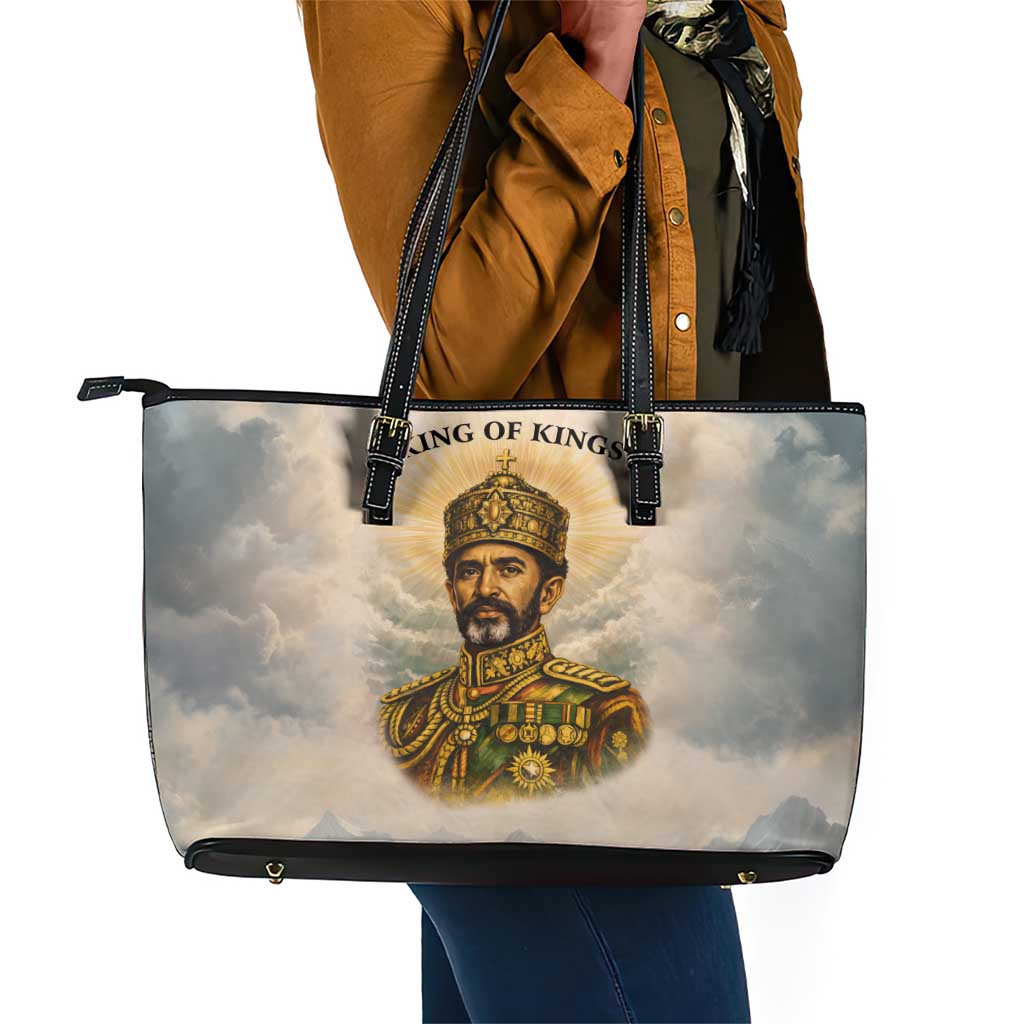 Haile Selassie I Ethiopia Leather Tote Bag with King of Kings and Conquering Lion Cloud Rays and Regal Portrait - African Pride