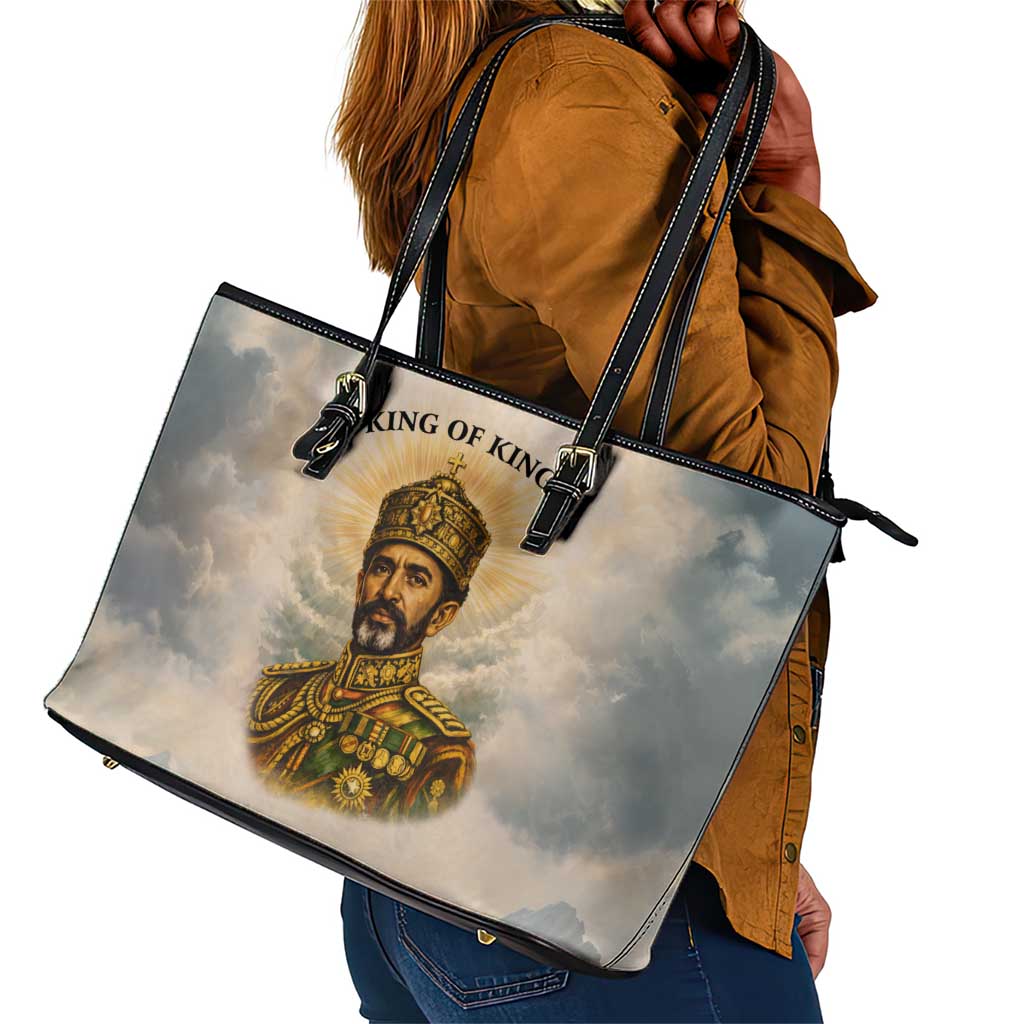 Haile Selassie I Ethiopia Leather Tote Bag with King of Kings and Conquering Lion Cloud Rays and Regal Portrait - African Pride