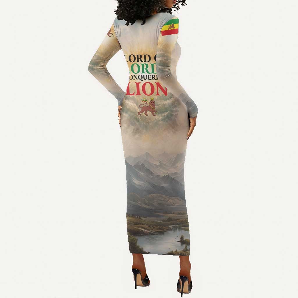 Haile Selassie I Ethiopia Long Sleeve Bodycon Dress with King of Kings and Conquering Lion Cloud Rays and Regal Portrait