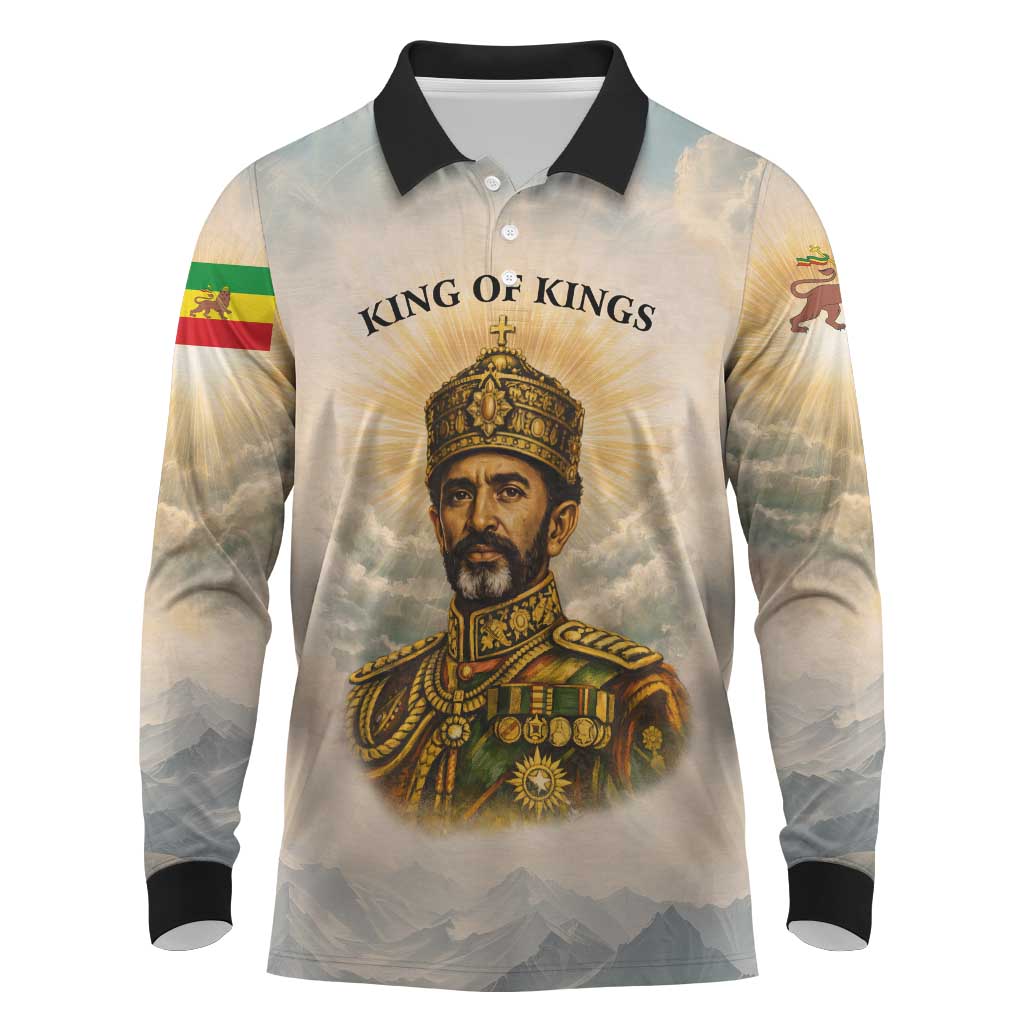 Haile Selassie I Ethiopia Long Sleeve Polo Shirt with King of Kings and Conquering Lion Cloud Rays and Regal Portrait