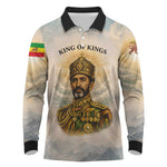 Haile Selassie I Ethiopia Long Sleeve Polo Shirt with King of Kings and Conquering Lion Cloud Rays and Regal Portrait
