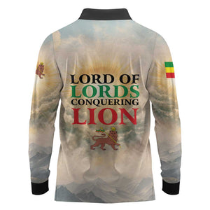 Haile Selassie I Ethiopia Long Sleeve Polo Shirt with King of Kings and Conquering Lion Cloud Rays and Regal Portrait