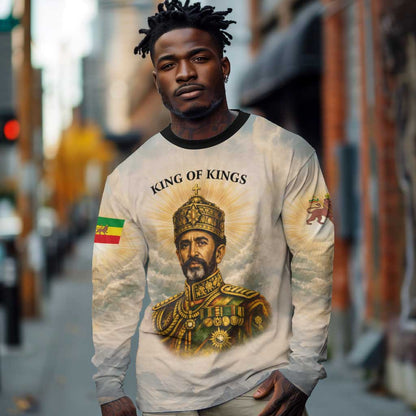 Haile Selassie I Ethiopia Long Sleeve Shirt with King of Kings and Conquering Lion Cloud Rays and Regal Portrait