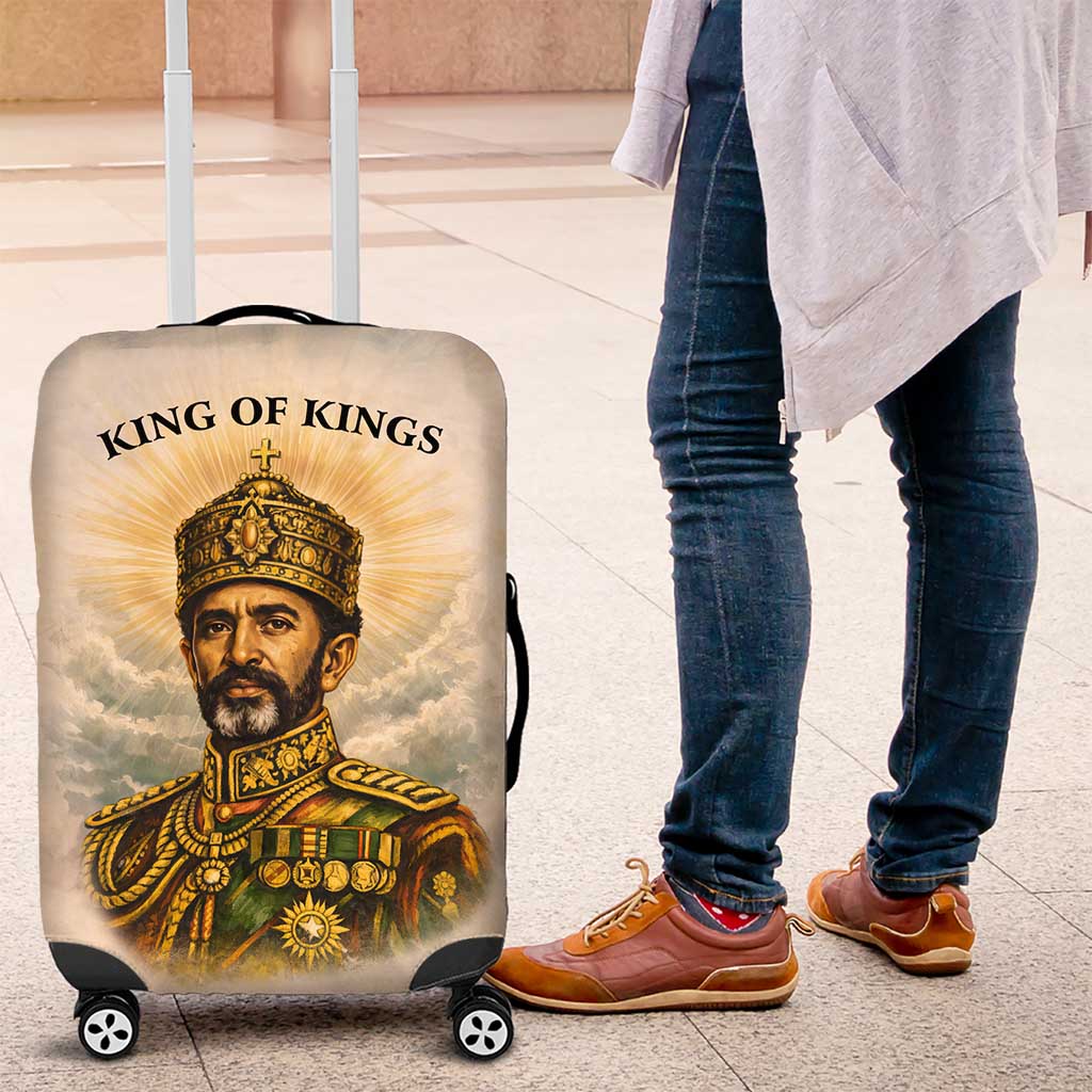 Haile Selassie I Ethiopia Luggage Cover with King of Kings and Conquering Lion Cloud Rays and Regal Portrait - African Pride