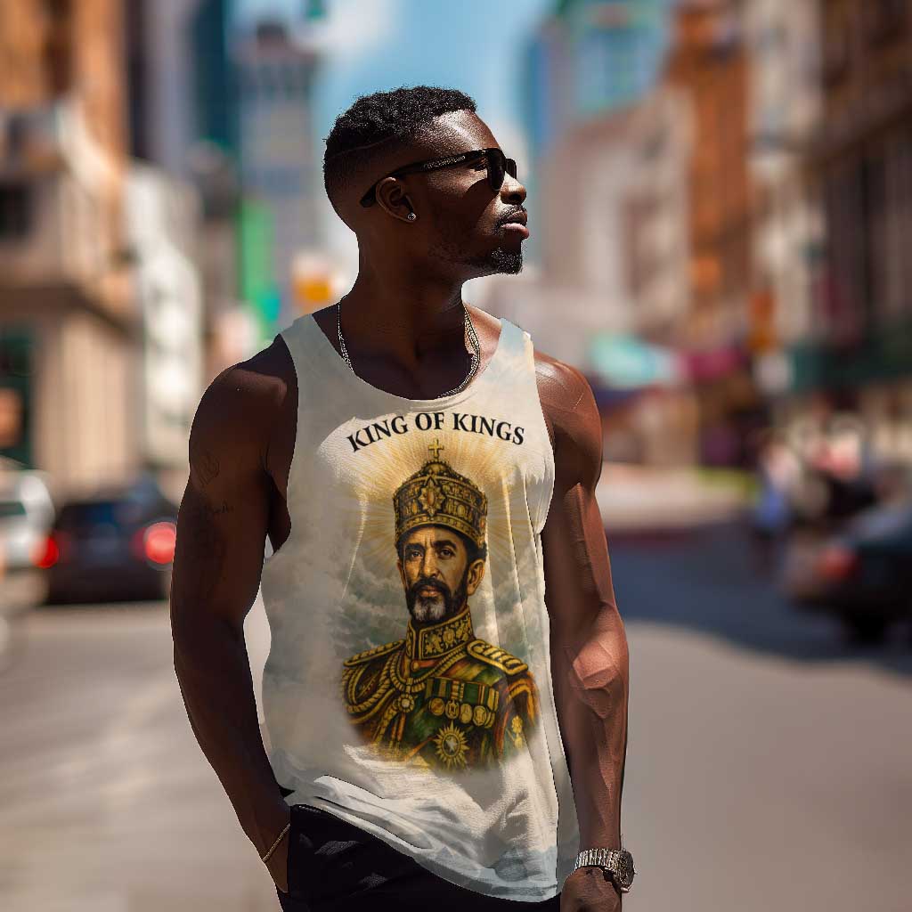 Haile Selassie I Ethiopia Men Tank Top with King of Kings and Conquering Lion Cloud Rays and Regal Portrait - African Pride