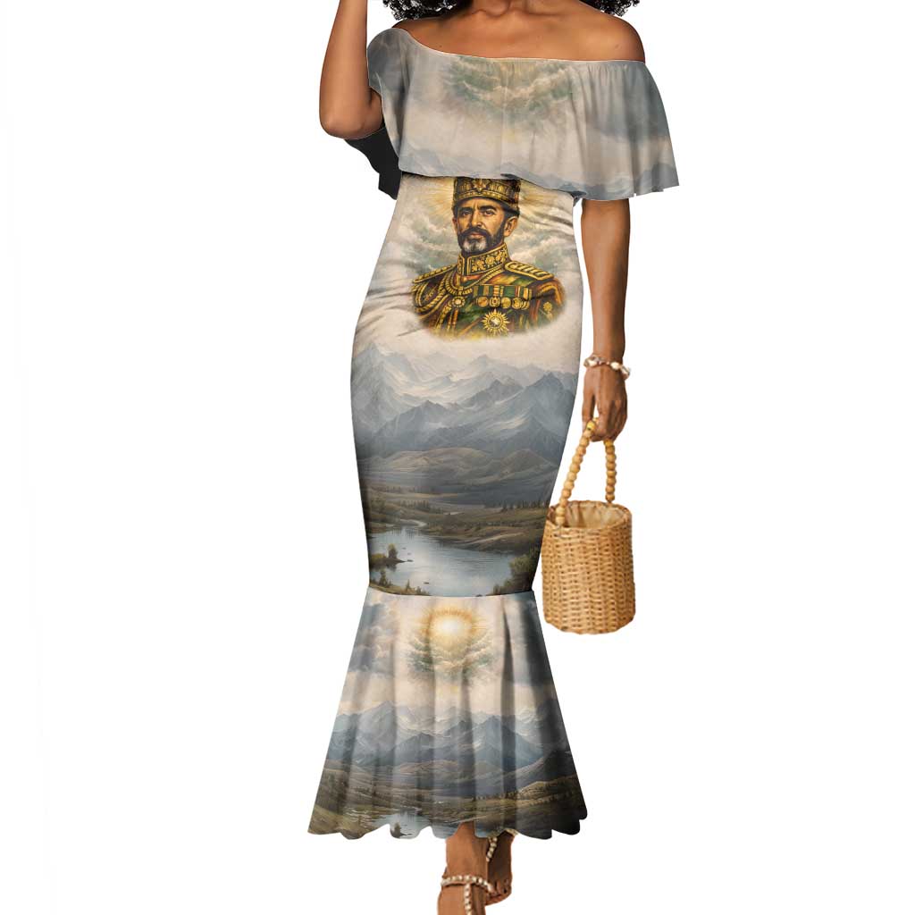 Haile Selassie I Ethiopia Mermaid Dress with King of Kings and Conquering Lion Cloud Rays and Regal Portrait - African Pride
