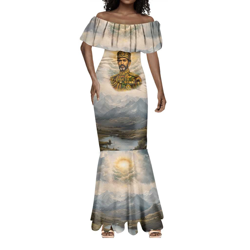 Haile Selassie I Ethiopia Mermaid Dress with King of Kings and Conquering Lion Cloud Rays and Regal Portrait - African Pride