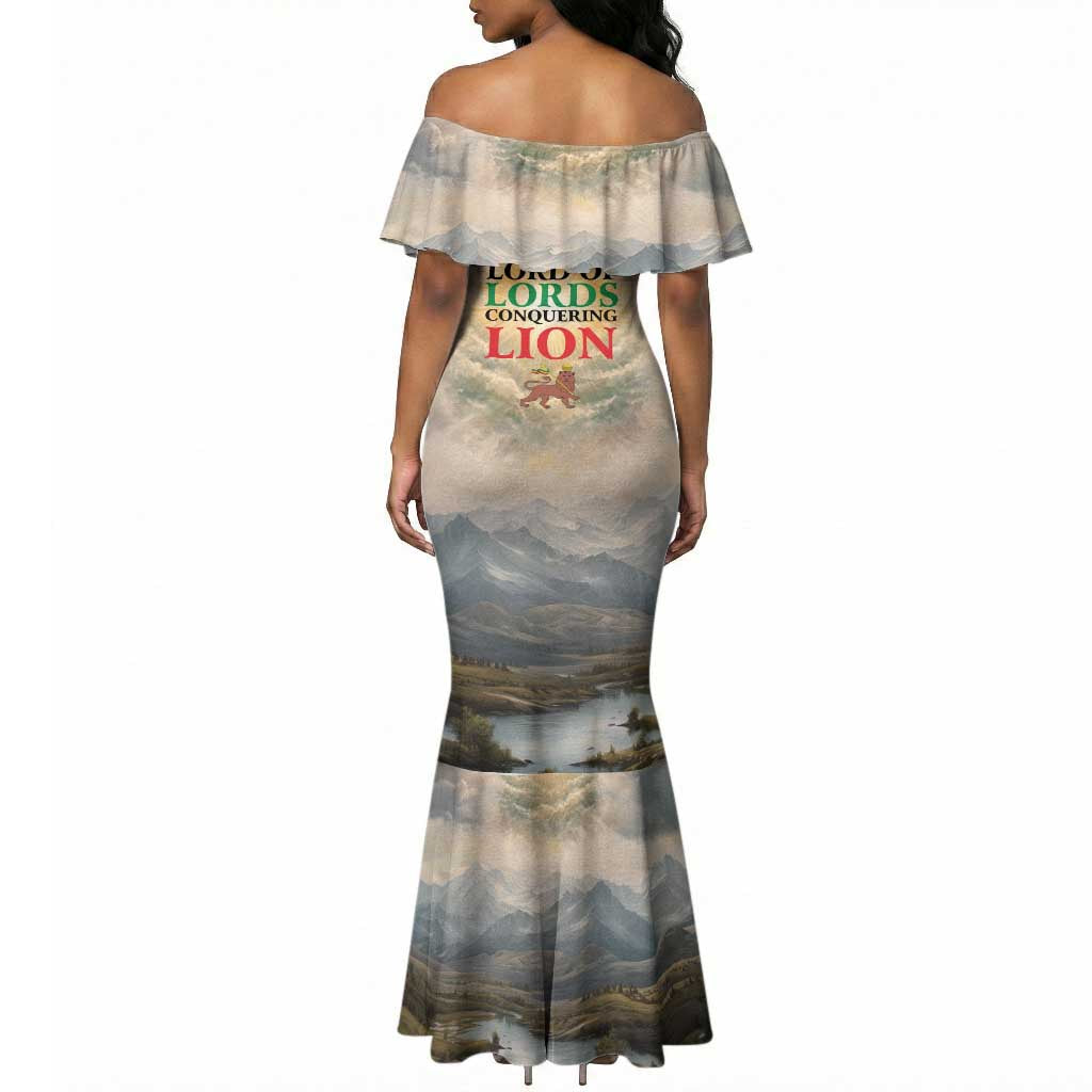 Haile Selassie I Ethiopia Mermaid Dress with King of Kings and Conquering Lion Cloud Rays and Regal Portrait - African Pride