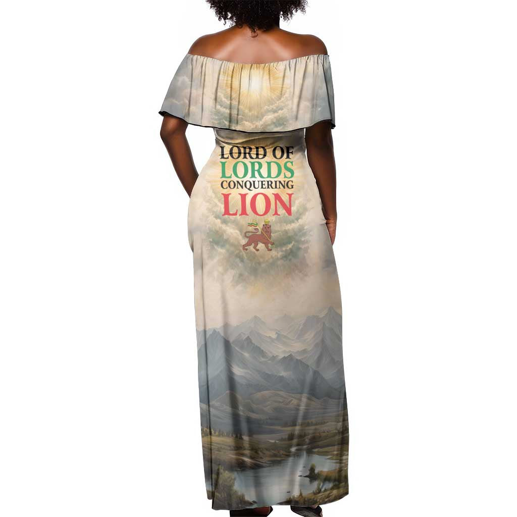 Haile Selassie I Ethiopia Off Shoulder Maxi Dress with King of Kings and Conquering Lion Cloud Rays and Regal Portrait