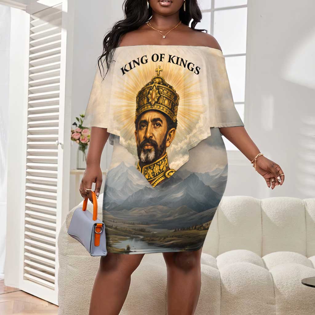 Haile Selassie I Ethiopia Off Shoulder Short Dress with King of Kings and Conquering Lion Cloud Rays and Regal Portrait