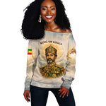 Haile Selassie I Ethiopia Off Shoulder Sweater with King of Kings and Conquering Lion Cloud Rays and Regal Portrait
