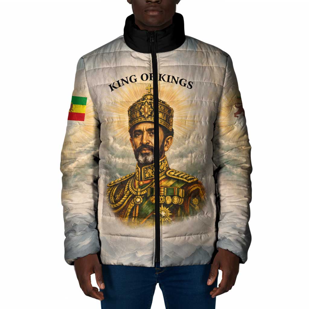 Haile Selassie I Ethiopia Padded Jacket with King of Kings and Conquering Lion Cloud Rays and Regal Portrait