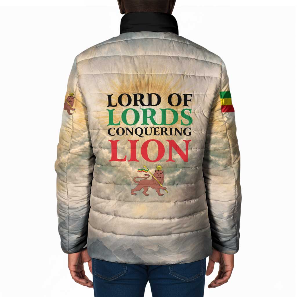 Haile Selassie I Ethiopia Padded Jacket with King of Kings and Conquering Lion Cloud Rays and Regal Portrait