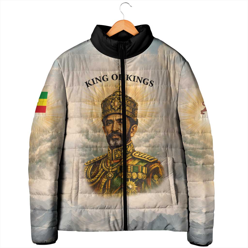Haile Selassie I Ethiopia Padded Jacket with King of Kings and Conquering Lion Cloud Rays and Regal Portrait
