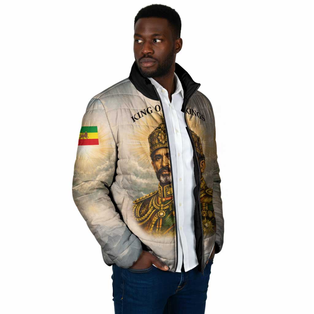 Haile Selassie I Ethiopia Padded Jacket with King of Kings and Conquering Lion Cloud Rays and Regal Portrait