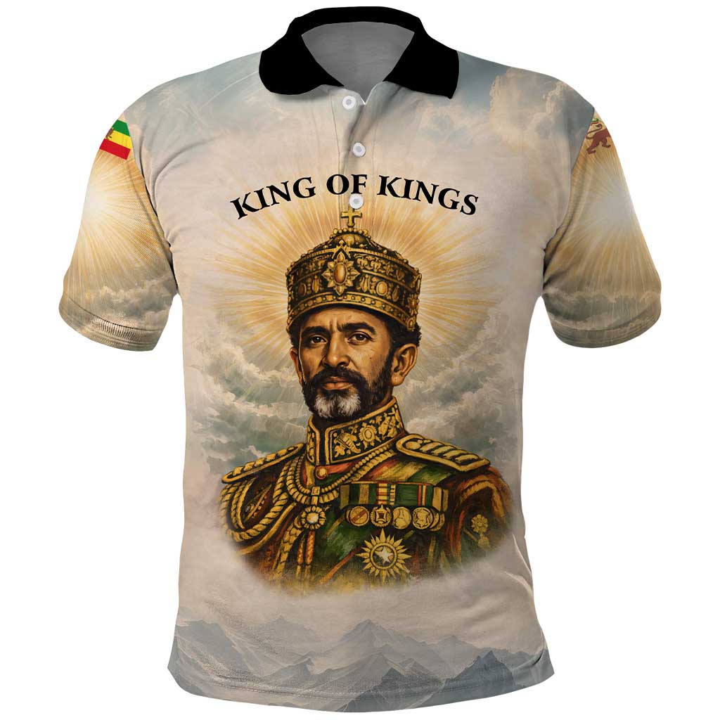Haile Selassie I Ethiopia Polo Shirt with King of Kings and Conquering Lion Cloud Rays and Regal Portrait - African Pride