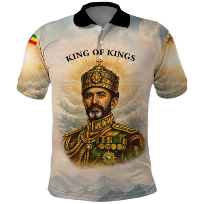 Haile Selassie I Ethiopia Polo Shirt with King of Kings and Conquering Lion Cloud Rays and Regal Portrait - African Pride