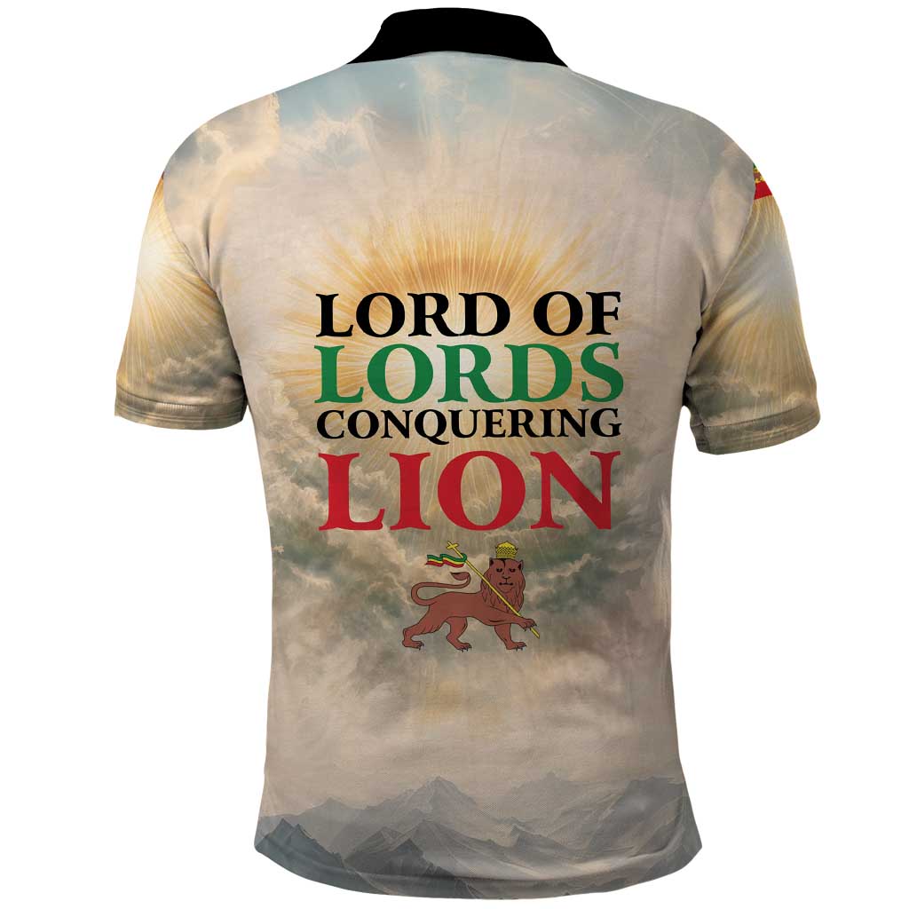 Haile Selassie I Ethiopia Polo Shirt with King of Kings and Conquering Lion Cloud Rays and Regal Portrait - African Pride