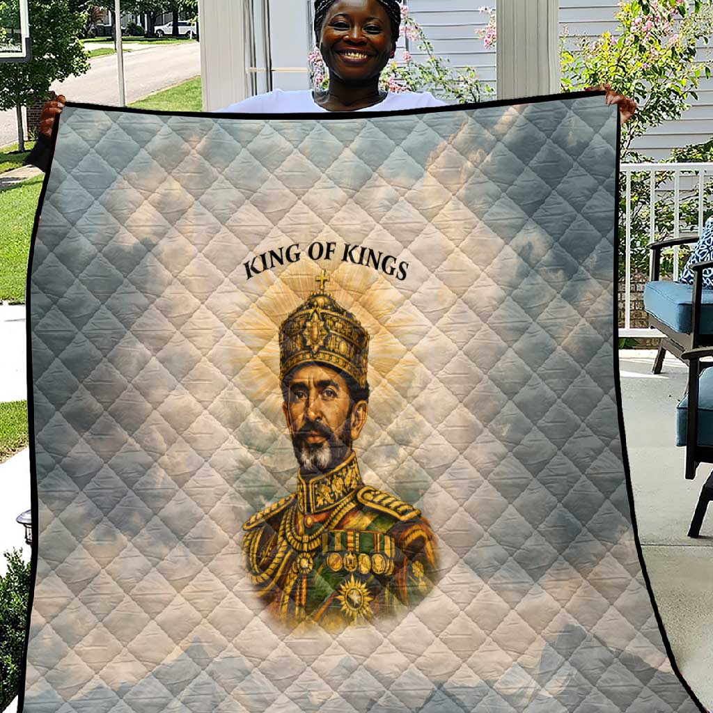 Haile Selassie I Ethiopia Quilt with King of Kings and Conquering Lion Cloud Rays and Regal Portrait - African Pride