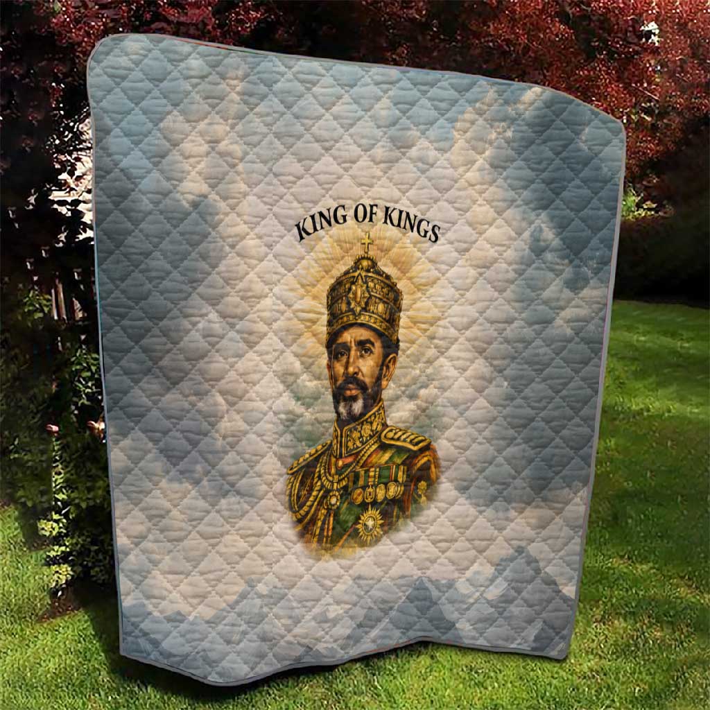 Haile Selassie I Ethiopia Quilt with King of Kings and Conquering Lion Cloud Rays and Regal Portrait - African Pride