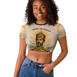 Haile Selassie I Ethiopia Raglan Cropped T shirt with King of Kings and Conquering Lion Cloud Rays and Regal Portrait