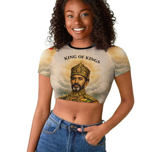 Haile Selassie I Ethiopia Raglan Cropped T shirt with King of Kings and Conquering Lion Cloud Rays and Regal Portrait - African Pride