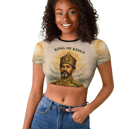 Haile Selassie I Ethiopia Raglan Cropped T shirt with King of Kings and Conquering Lion Cloud Rays and Regal Portrait