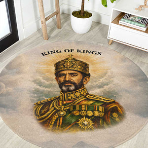 Haile Selassie I Ethiopia Round Carpet with King of Kings and Conquering Lion Cloud Rays and Regal Portrait - African Pride