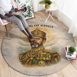 Haile Selassie I Ethiopia Round Carpet with King of Kings and Conquering Lion Cloud Rays and Regal Portrait - African Pride