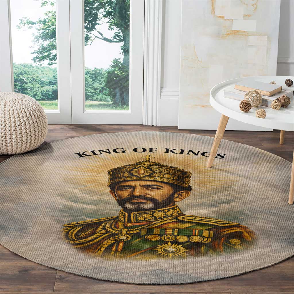 Haile Selassie I Ethiopia Round Carpet with King of Kings and Conquering Lion Cloud Rays and Regal Portrait - African Pride