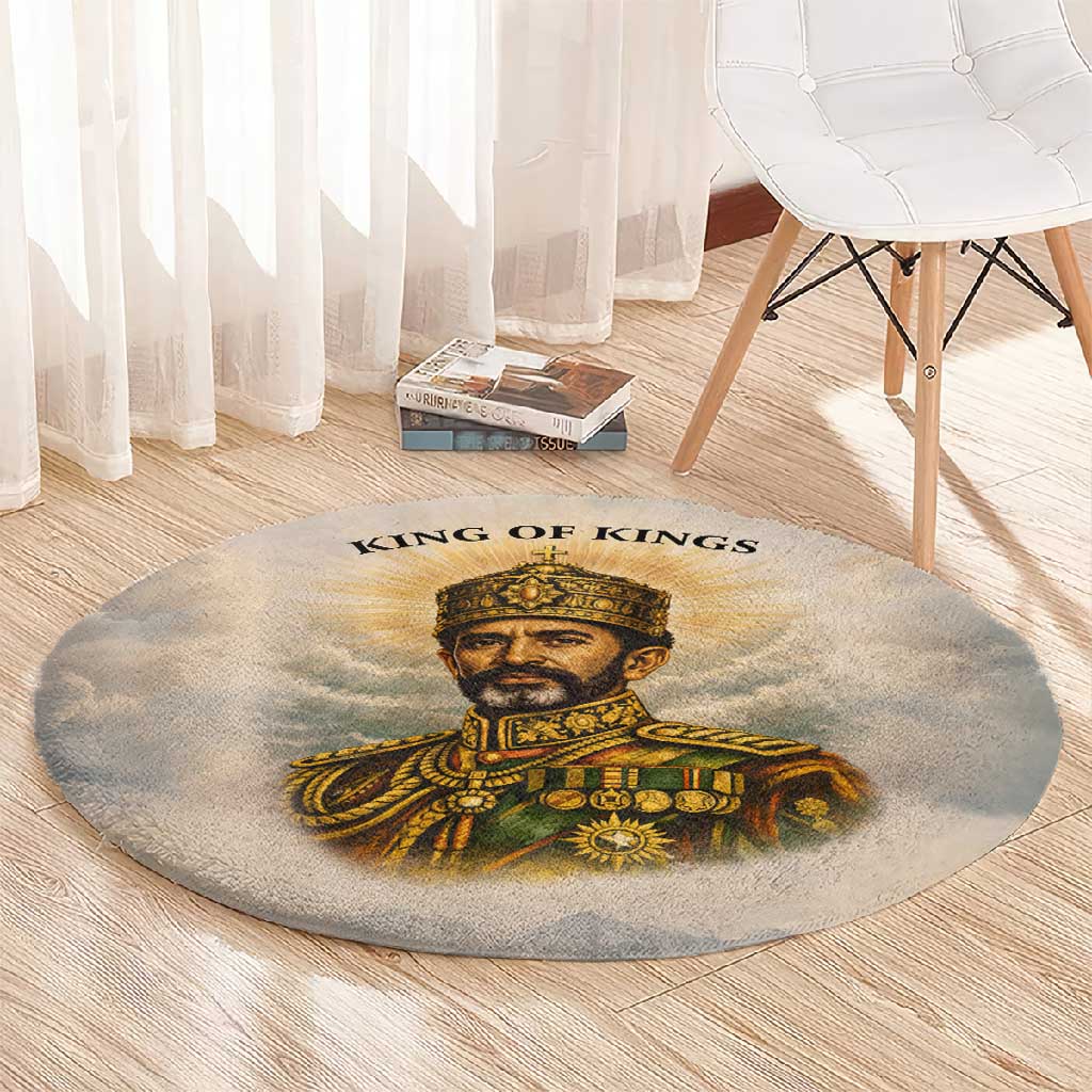 Haile Selassie I Ethiopia Round Carpet with King of Kings and Conquering Lion Cloud Rays and Regal Portrait - African Pride
