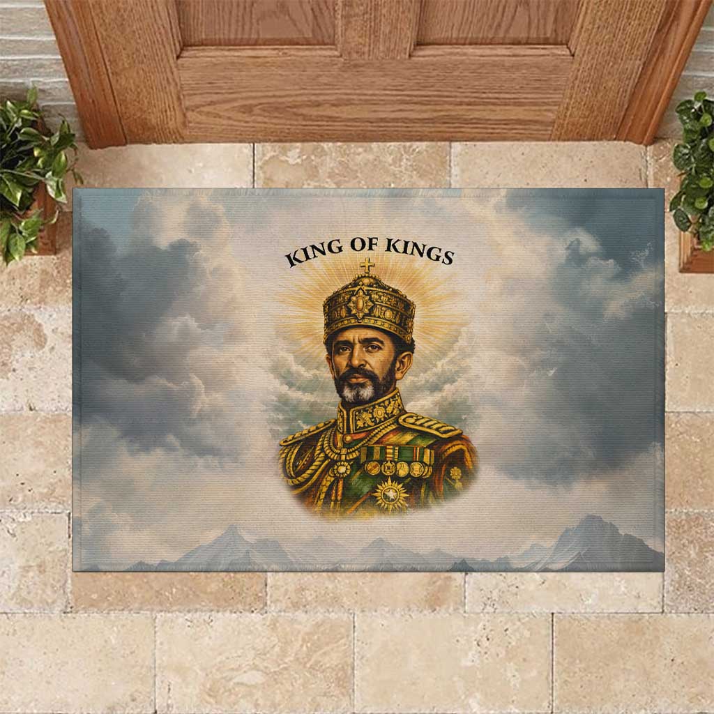 Haile Selassie I Ethiopia Rubber Doormat with King of Kings and Conquering Lion Cloud Rays and Regal Portrait - African Pride