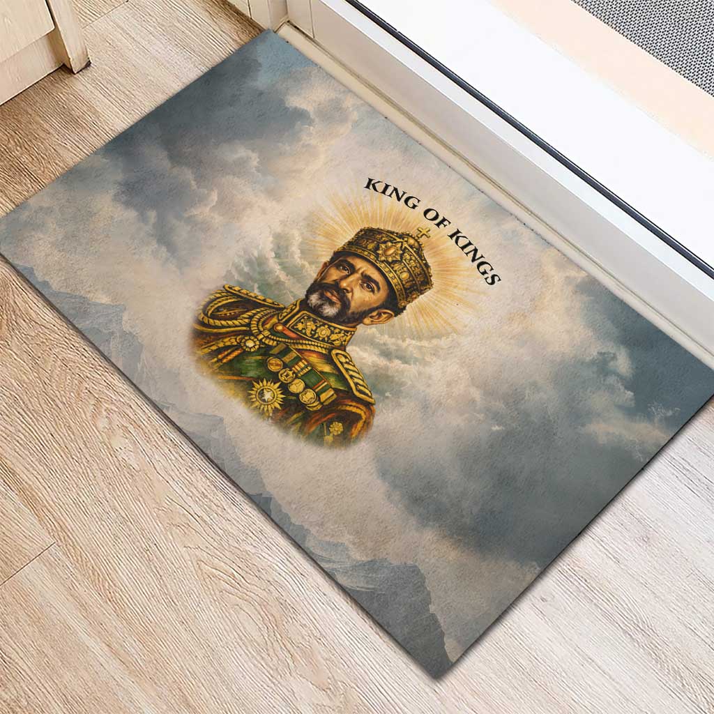 Haile Selassie I Ethiopia Rubber Doormat with King of Kings and Conquering Lion Cloud Rays and Regal Portrait - African Pride