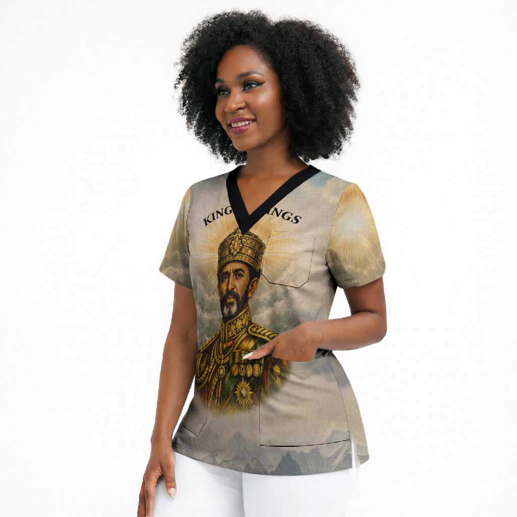 Haile Selassie I Ethiopia Scrub Top with King of Kings and Conquering Lion Cloud Rays and Regal Portrait
