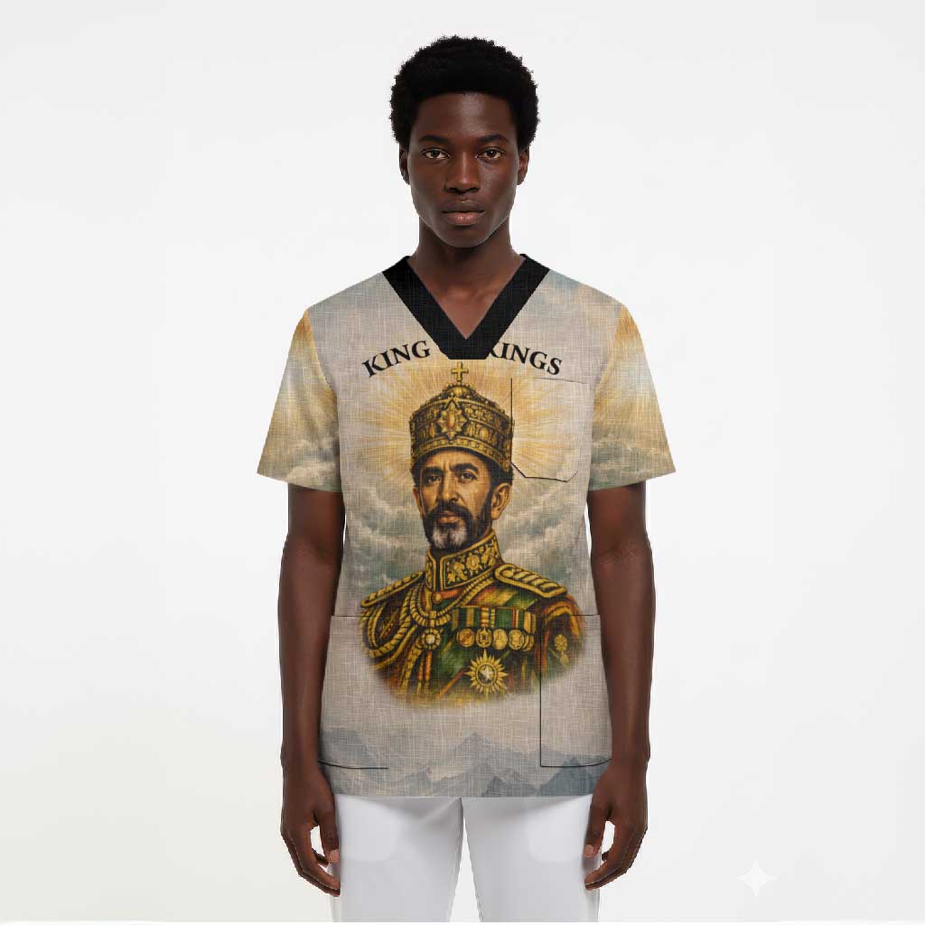 Haile Selassie I Ethiopia Scrub Top with King of Kings and Conquering Lion Cloud Rays and Regal Portrait