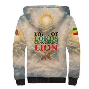 Haile Selassie I Ethiopia Sherpa Hoodie with King of Kings and Conquering Lion Cloud Rays and Regal Portrait