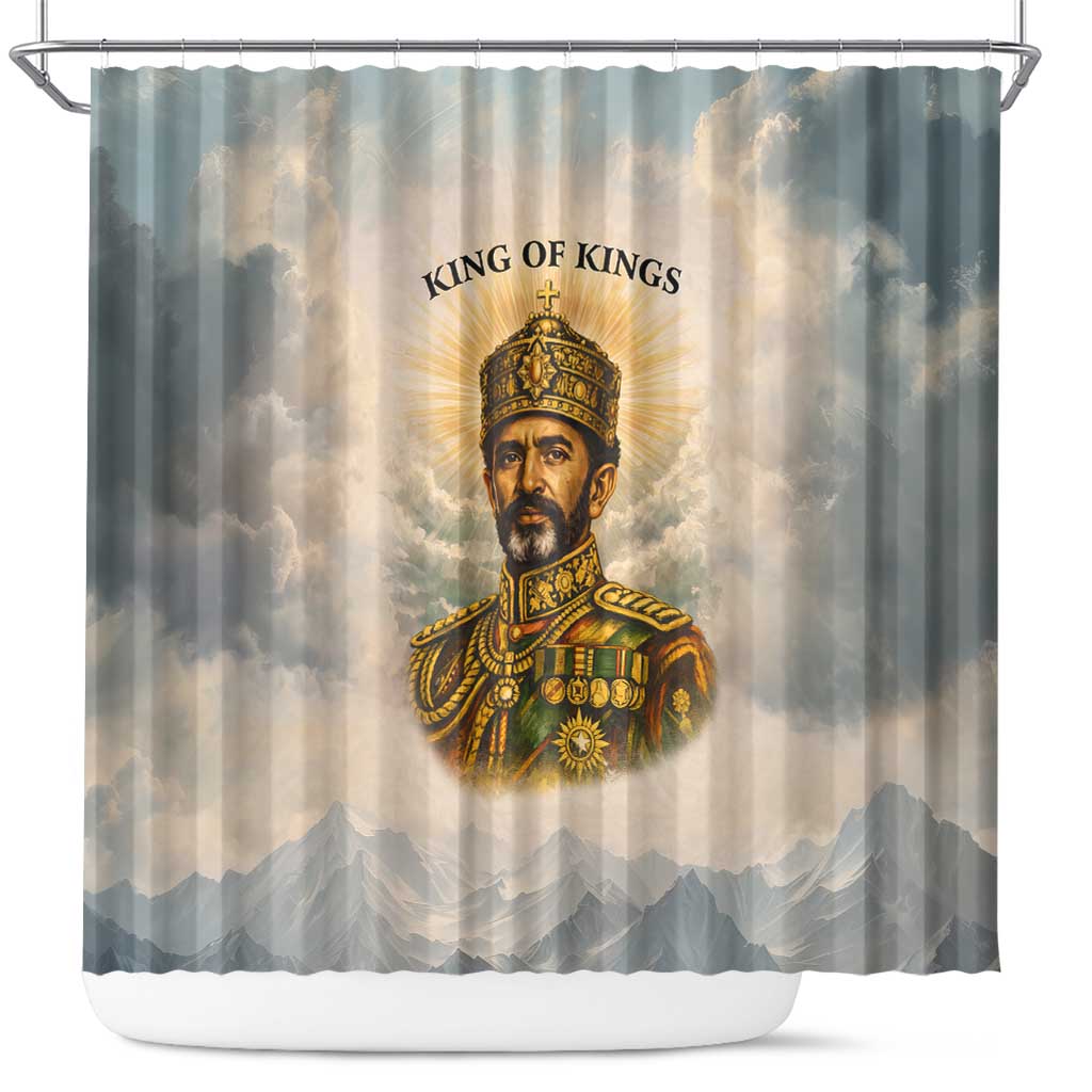 Haile Selassie I Ethiopia Shower Curtain with King of Kings and Conquering Lion Cloud Rays and Regal Portrait - African Pride