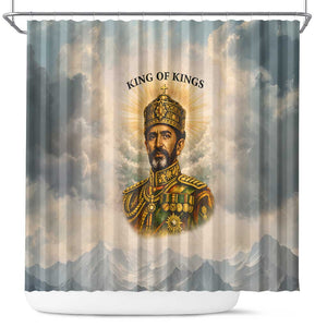Haile Selassie I Ethiopia Shower Curtain with King of Kings and Conquering Lion Cloud Rays and Regal Portrait - African Pride