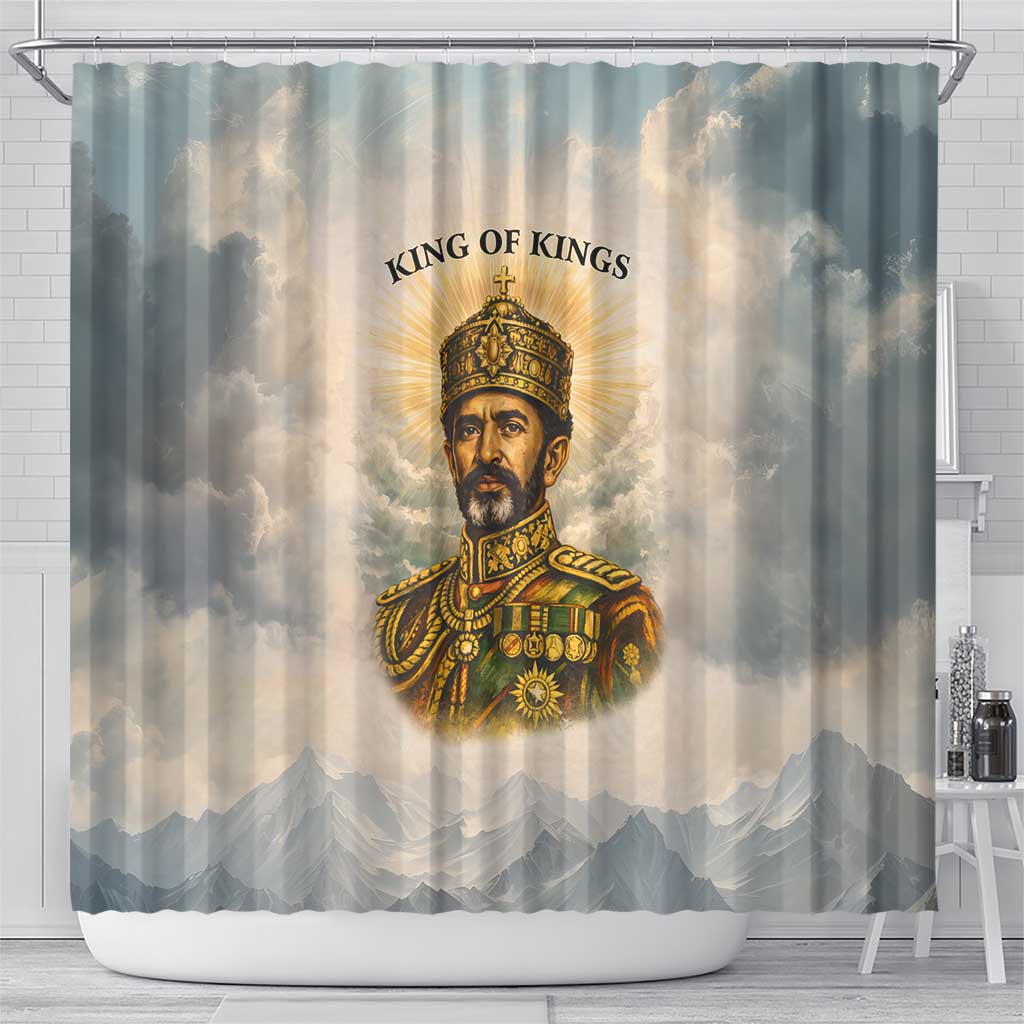 Haile Selassie I Ethiopia Shower Curtain with King of Kings and Conquering Lion Cloud Rays and Regal Portrait - African Pride