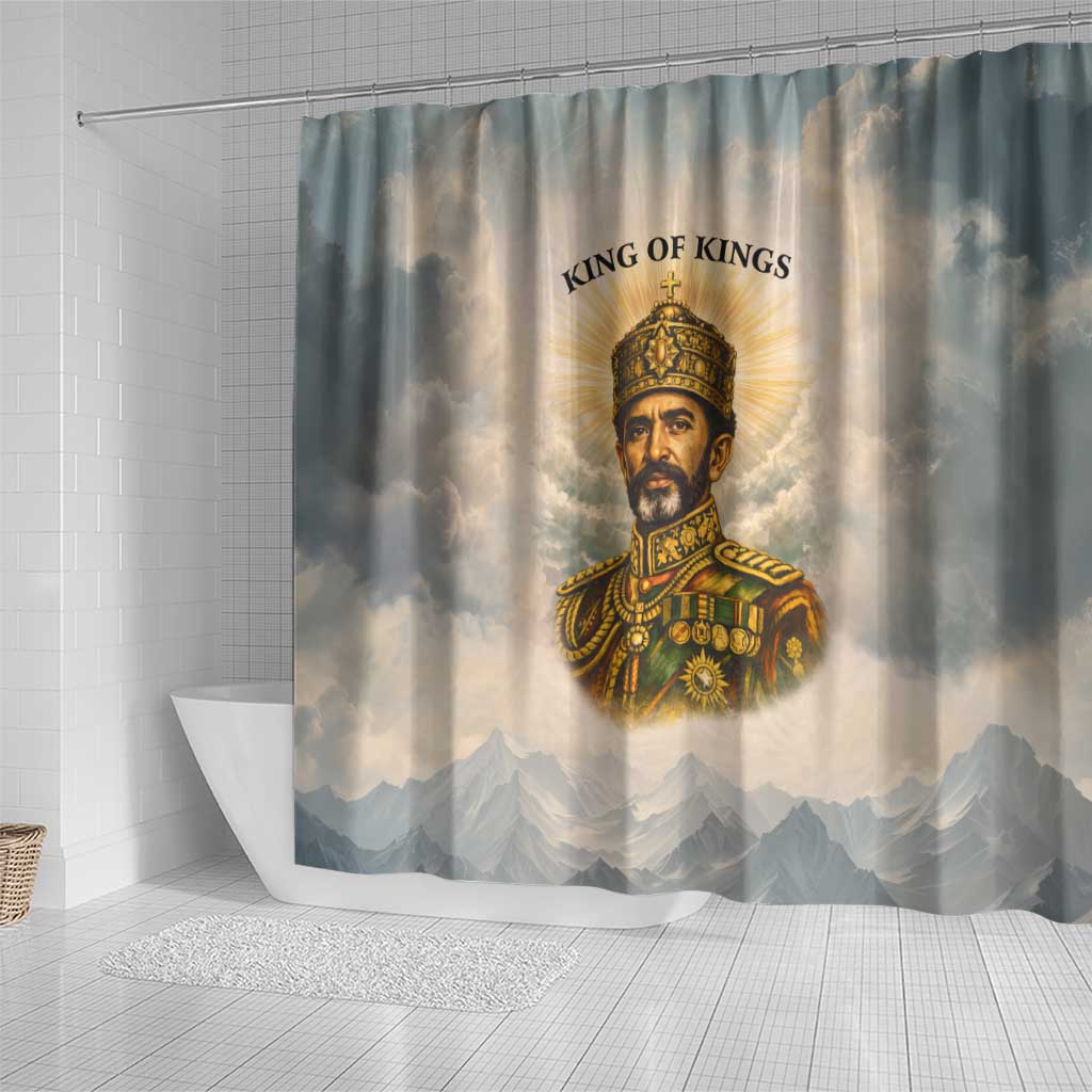 Haile Selassie I Ethiopia Shower Curtain with King of Kings and Conquering Lion Cloud Rays and Regal Portrait - African Pride