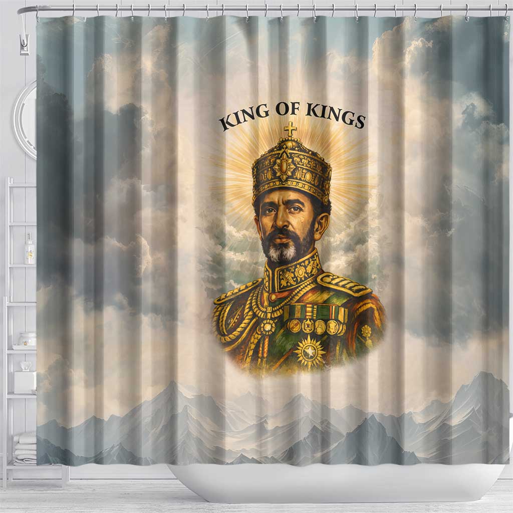 Haile Selassie I Ethiopia Shower Curtain with King of Kings and Conquering Lion Cloud Rays and Regal Portrait - African Pride