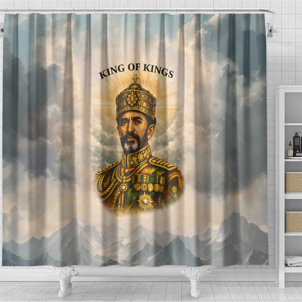 Haile Selassie I Ethiopia Shower Curtain with King of Kings and Conquering Lion Cloud Rays and Regal Portrait - African Pride